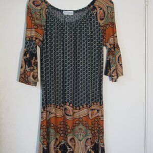 ** Beckyann Boho Mini Dress Small Ruffled Bell Sleeve Orange Green Floral